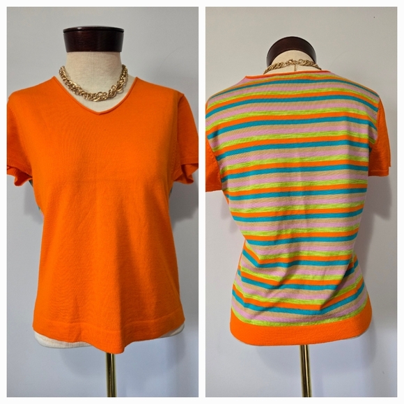 LIVIA VANEZETTI ITALY Wool/ Cashmere/Silk Orange Short Sleeve Top,Striped Back.M - Picture 1 of 12